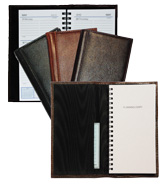 inside and outside views of black, Burgundy and cognac leather pocket-size planners